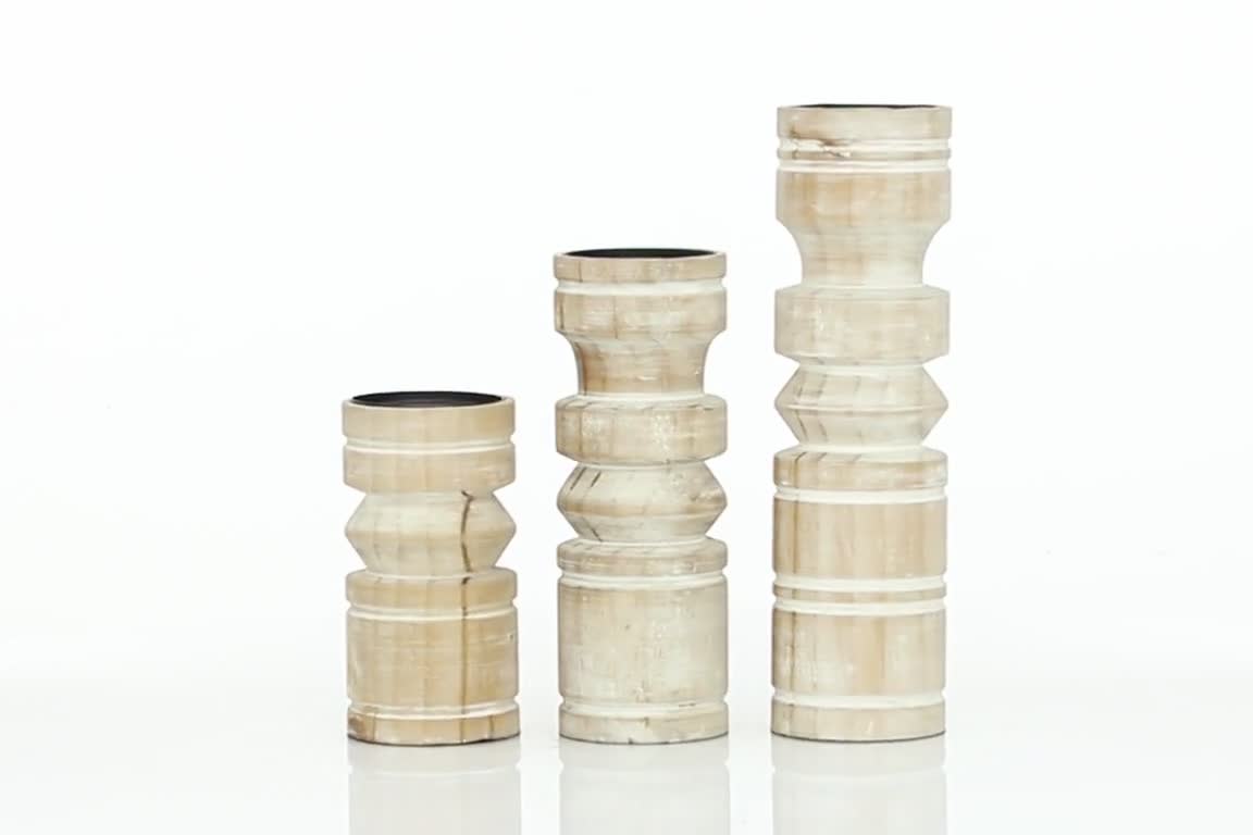 thumbnail video image 2 of DecMode 3 Candle Brown Wood Pillar Candle Holder with White Wash Finish, Set of 3, 2 of 8