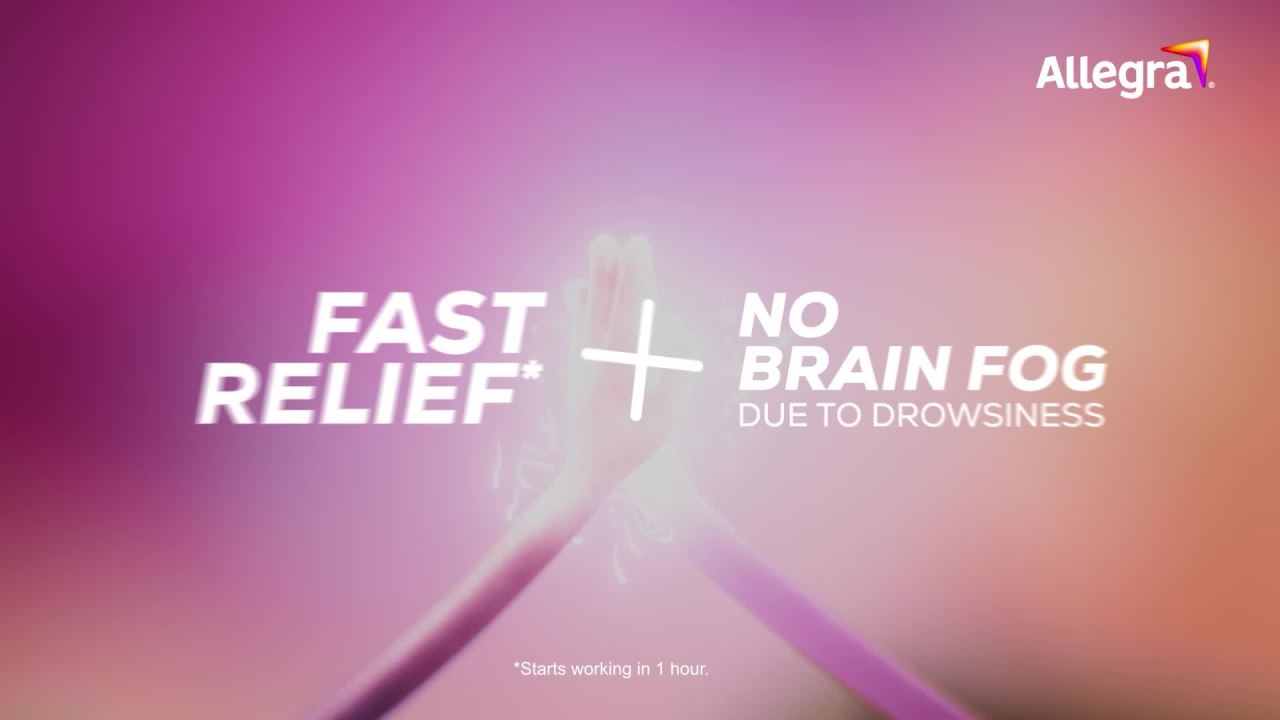 thumbnail video image 3 of Allegra Adult 24-Hour Allergy Relief Tablets, Non-Drowsy Indoor and Outdoor Allergy Medicine, 180 mg Fexofenadine HCI Antihistamine Pill, 15-Count, 3 of 11