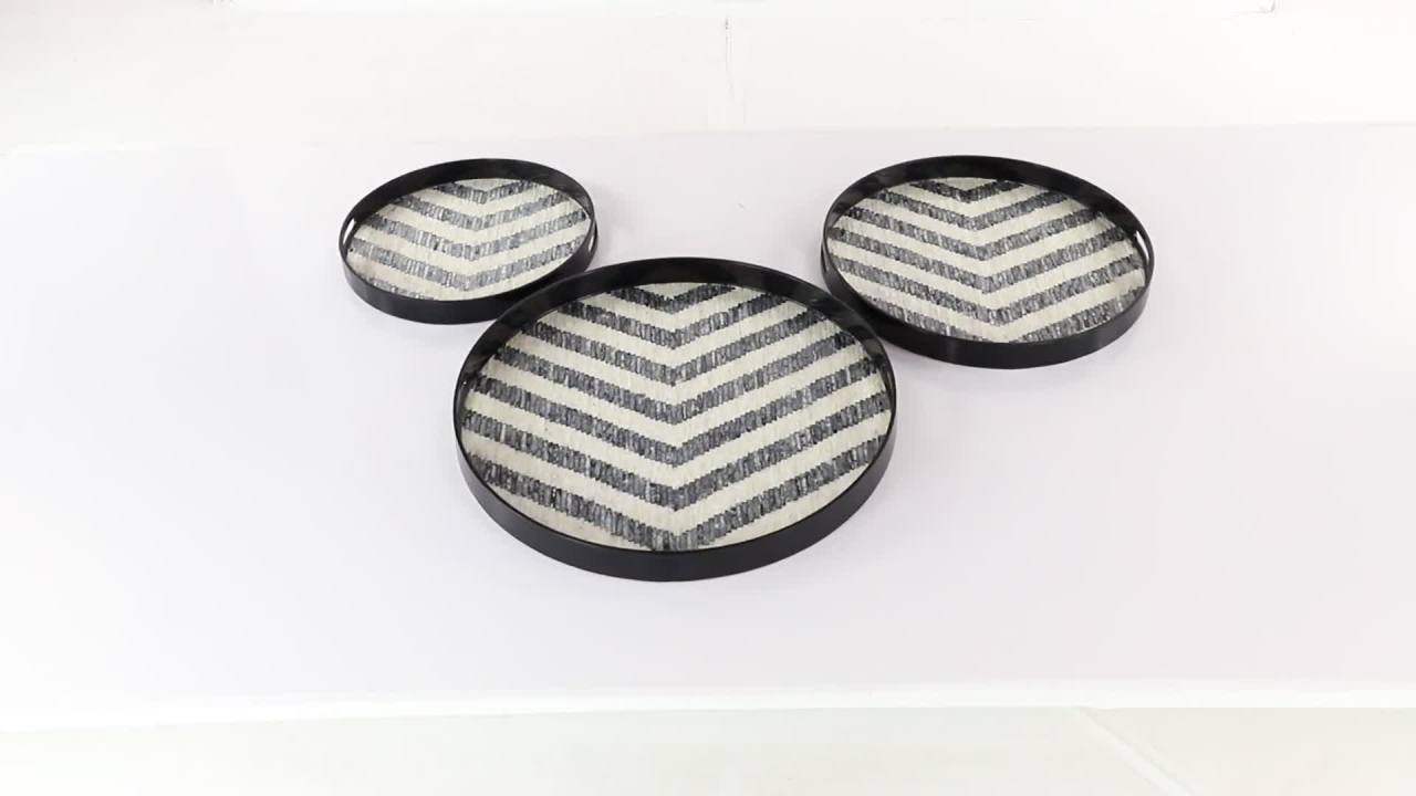 thumbnail video image 2 of DecMode 24", 20", 16"W Black Mother of Pearl Handmade Chevron Tray with Slot Handles, 3-Pieces, 2 of 12