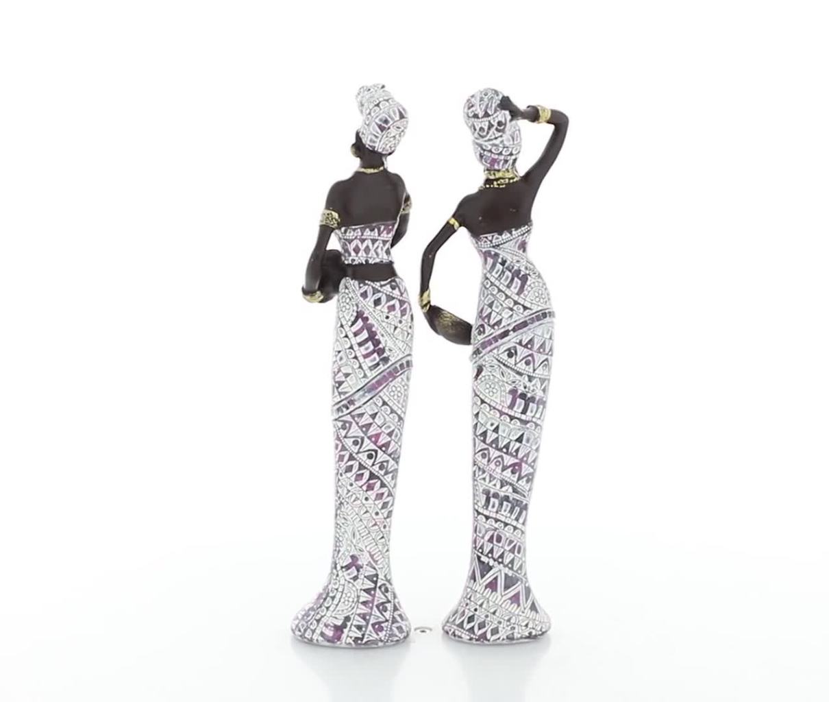 thumbnail video image 2 of 3"W, 13"H Multi Colored Polystone Standing African Woman Sculpture with Intricate Details, by DecMode (2 Count), 2 of 10