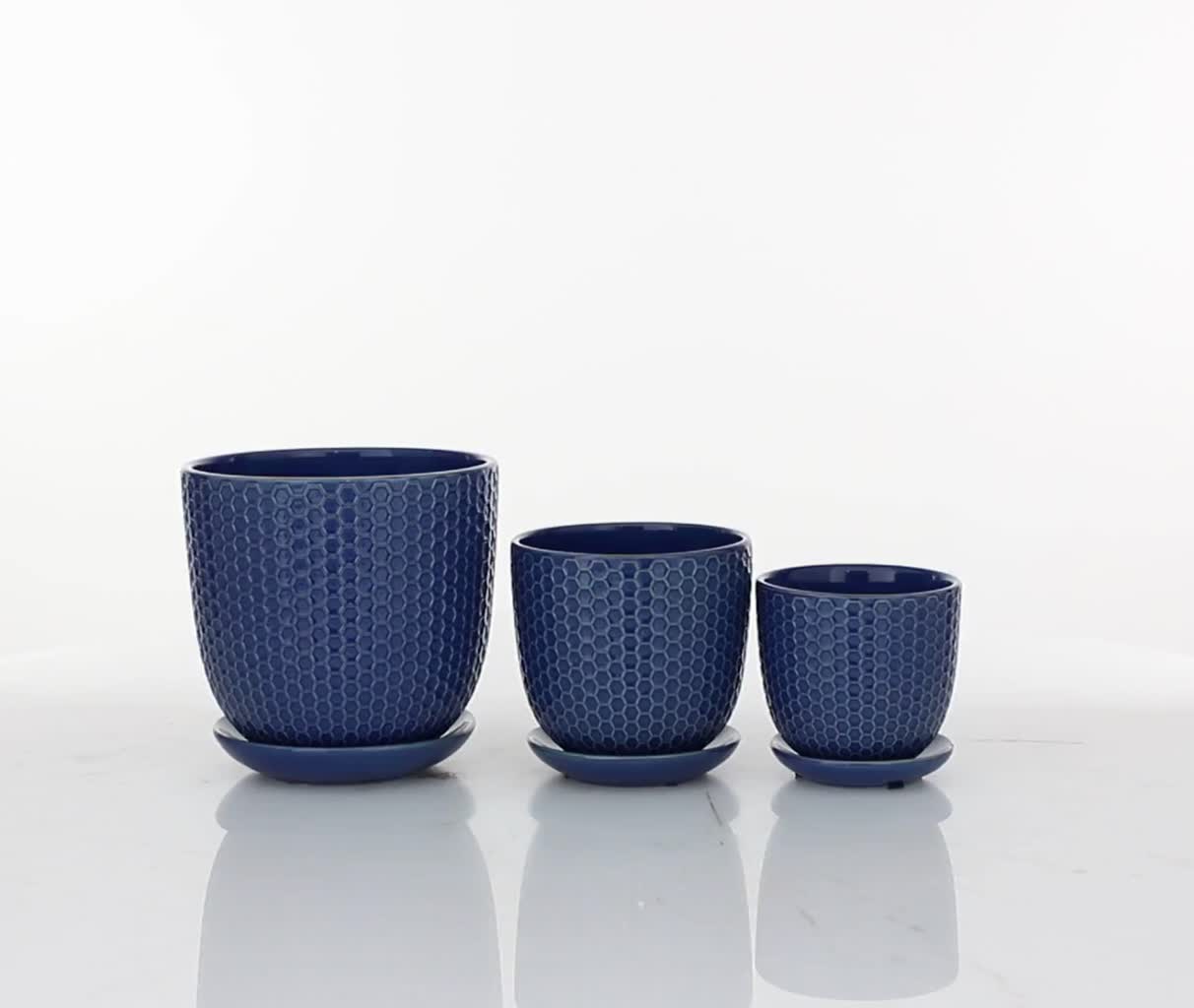 thumbnail video image 2 of DecMode 8", 6", 5"H Indoor Outdoor Blue Porcelain Geometric Planter with Attached Saucer (3 Count), 2 of 9