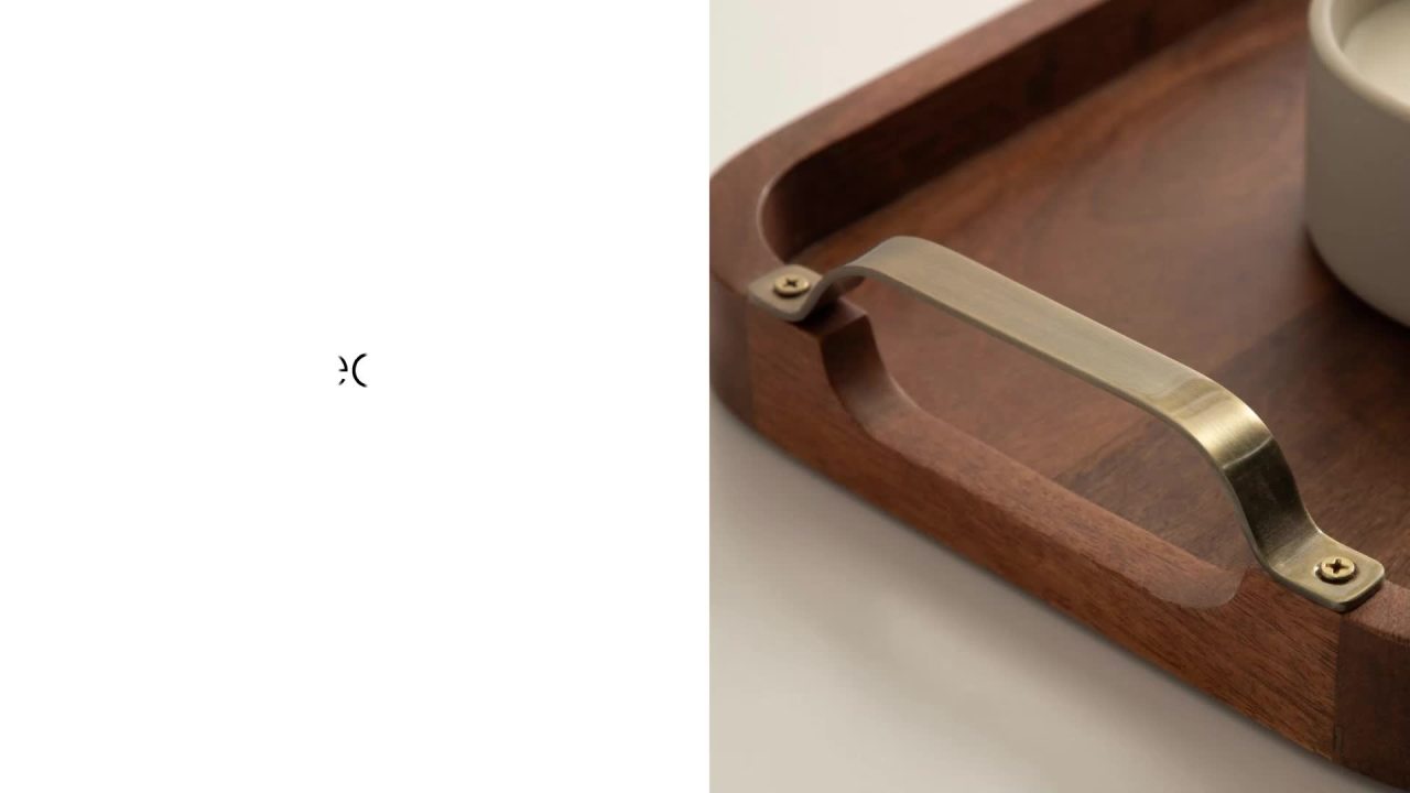 thumbnail video image 2 of Kate and Laurel Farson Modern Decorative Wood Rectangle Tray with Handles, 10 x 24, Walnut Brown and Antique Brass, Transitional Rectangular Tray for Use as Entryway Tray Decor or Ottoman Serving Tray, 2 of 10