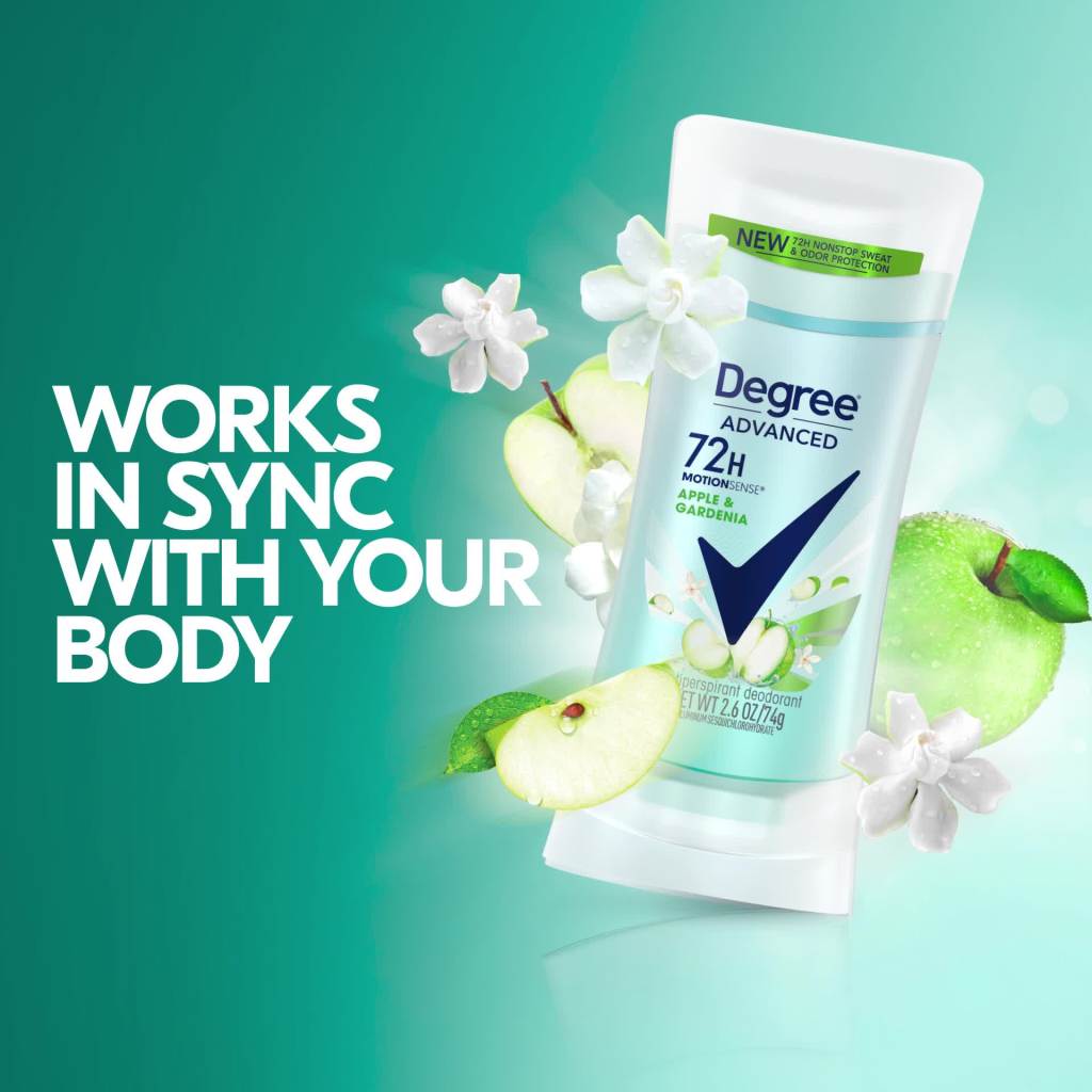 thumbnail video image 2 of Degree Advanced Antiperspirant Deodorant 72-Hour Sweat & Odor Protection Apple & Gardenia Deodorant for Women with MotionSense Technology 2.6 oz, 2 of 10
