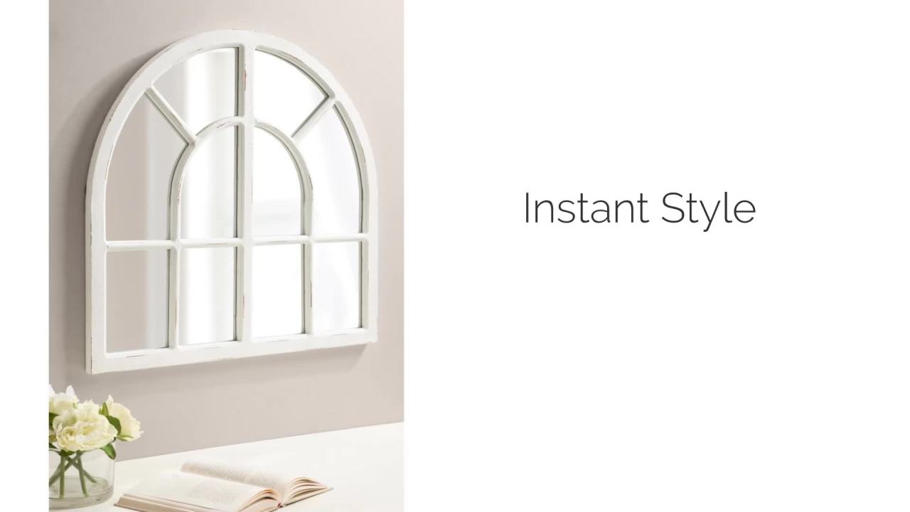 thumbnail video image 2 of Kate and Laurel Boldmere Modern Farmhouse Wide Windowpane Arched Mirror, 30 x 29, White, Decorative Vintage Inspired Window Mirror for Farmhouse Wall Decor, 2 of 8